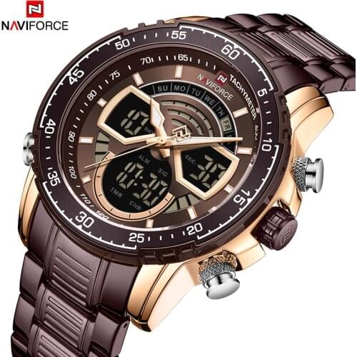 2021 New Watches Men Luxury Creative Coffee Color Full-Steel Dual Display Clock NAVIFORCE Fashion Chronograph Sport Wristwatch