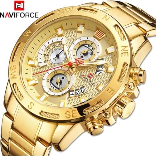 NAVIFORCE Luxury Brand Mens Sport Watches Gold Full Steel Quartz Watch Men Date Week Waterproof Military Clock Relogio Masculino