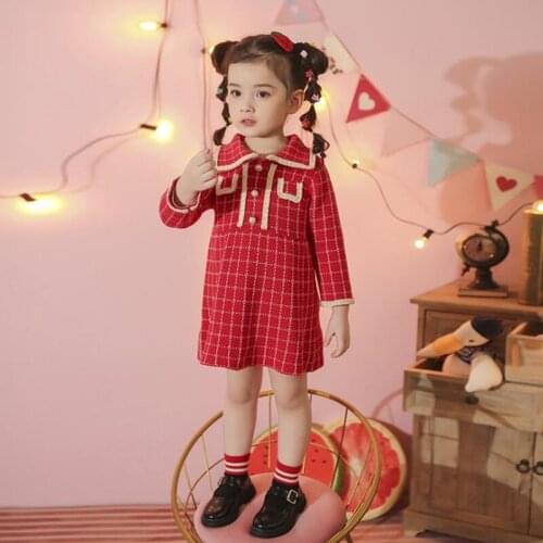 DFXD 2021 Spring Autumn Kids Girl Plaid Knitted Sweater Dress Elegant Long Sleeve Knitting Princess Dress Toddler Birthday Dress