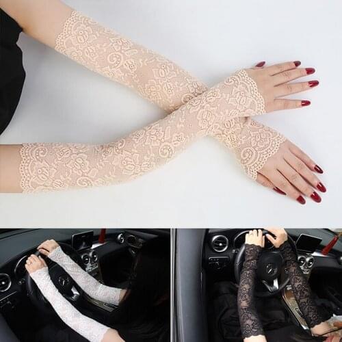 Longe Black White Summer Ladies Sunscreen Gloves Ice Lace Arm Sleeves Driving Bicycles Blocking UV Arm Sleeves Long Fake Sleeves