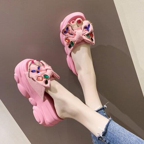 Summer New Thick-soled Muffin Bottom Cartoon Pure Color Anti-slip Soft Sole Pu Leather 8cm High Heel Wedge Slippers Womens Shoe