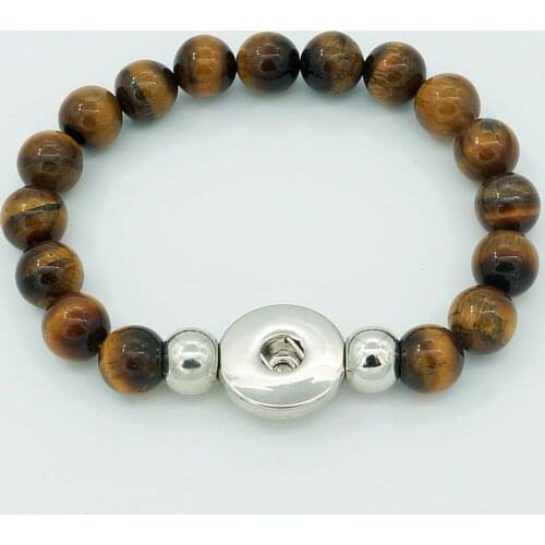 Fashion Charming Brown Tiger eye stone beads snap bracelet Elastic fit 18MM snap buttons jewelry wholesale AB0019