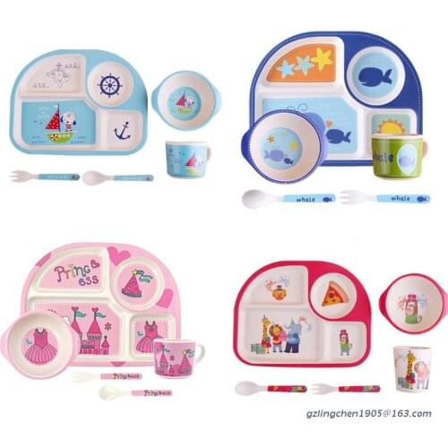 P8DE 5pcs Kids Bamboo Dinnerware Set Cartoon Plate Feeding Dish Bowl Spoon Fork Cup