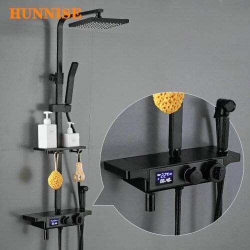 Thermostatic Shower Set Black Bronze Bathroom Shower Mixer System Rainfall Shower Head Spa Digital Bath Shower Mixer Set