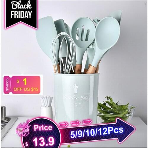 Silicone Cooking Utensils Set 5/9/10/12Pcs Non-Stick Spatula Shovel Wooden Handle Cooking Tools Set Kitchen Tools