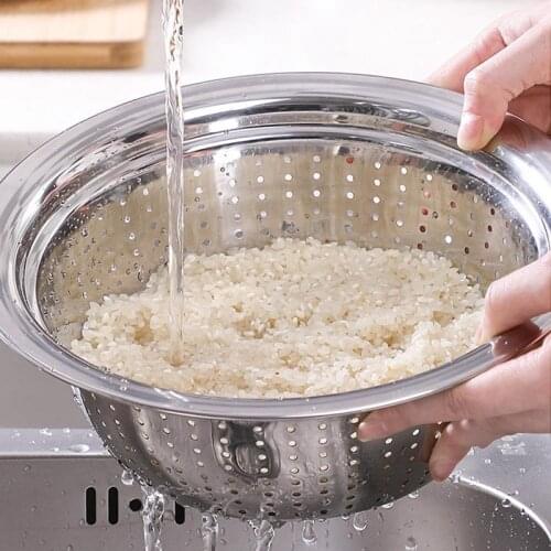 Stainless Steel Big Basin 24-30 Cm Filter Water Wash Fruit Vegetable Wash Basket Drain Rice Mesh Sifter Colander Strainer Sieve