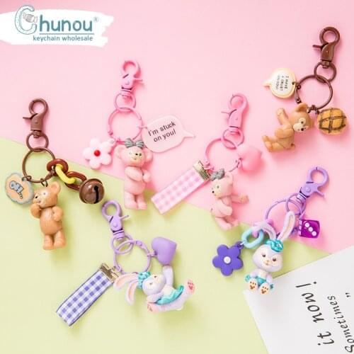 New Fashion Cute Rabbit Bear Girl Keychains Accessories Cartoon Love Flower Key Chains Bag Pendant Lovers Accessory Key Rings