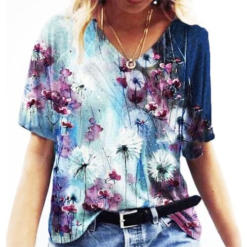 Casual Vintage Floral Printed T-shirts Womens New Fashion Colorful Flowers Short-sleeved Top Printed T-shirt Loose Tee @40