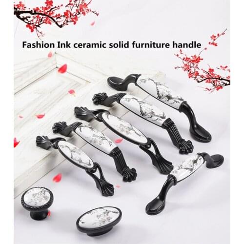 96mm 128mm modern simple fashion ink ceramic kitchen cabinet wardrobe door handle white black drawer cupboard dresser pull knob