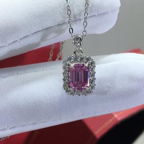 Silver 925 Original Platinum Emerald Cut Diamond Test Past 1 Carat Pink Rectangle Moissanite Pendant Necklace Gemstone Chain