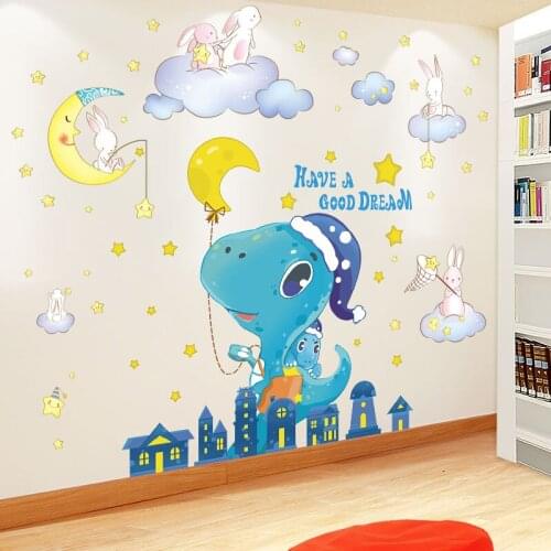 [shijuekongjian] Rabbits Animals Wall Stickers DIY Cartoon Dinosaur Stars for Kids Room Baby Bedroom Nursery House Decoration