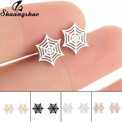 Shuangshuo Geometric Hollow Spider Web Stud Earrings for Women Girls Cobweb Stainless Steel Earrings Festival Halloween Jewelry