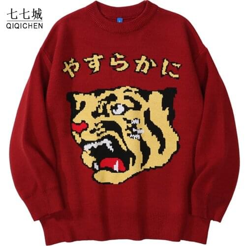 Loose Knitted Sweater Men Cartoon Tiger Hip Hop Streetwear Vintage Pullover Women 2021 Japanese Harajuku Tops Spring Sweaters