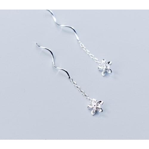 MloveAcc Solid 925 Sterling Silver Tassel Chain Flower Drop Earrings for Women Elegant Silver Jewelry