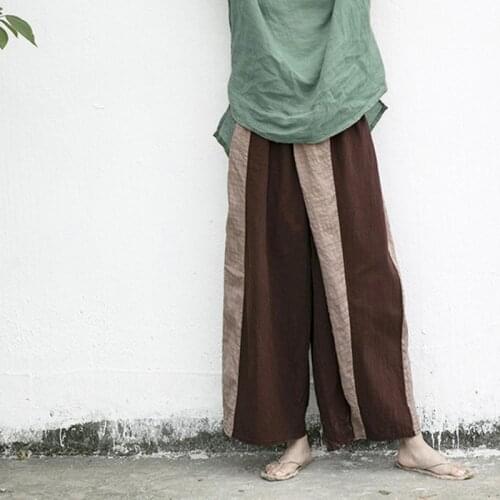 Women Vintage Cotton Linen Full Lady Wide Leg for Femme Elastic Trousers Irregular Striped Casual Straight Pantalones De Mujer