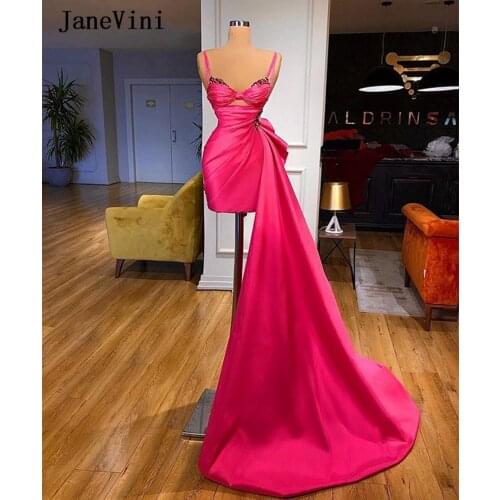 JaneVini 2020 Rose Red Arabic Dubai Straight Short Evening Dresses Strapless Beaded Satin Sexy Women Party Dinner Gown Customize