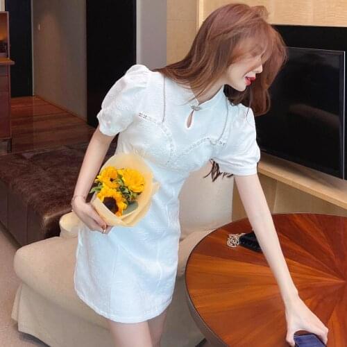 2021 Summer Ladies Temperament Retro Chinese Style Improved Cheongsam Style Bubble Sleeves Short Sleeves Dress