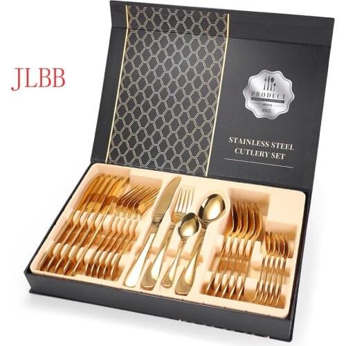 24Pcs/set Gold Cutlery Specular Light Stainless Steel Steak Knife Fork Coffee Spoon Teaspoon Upscale Home Restaurant Cutlery Set