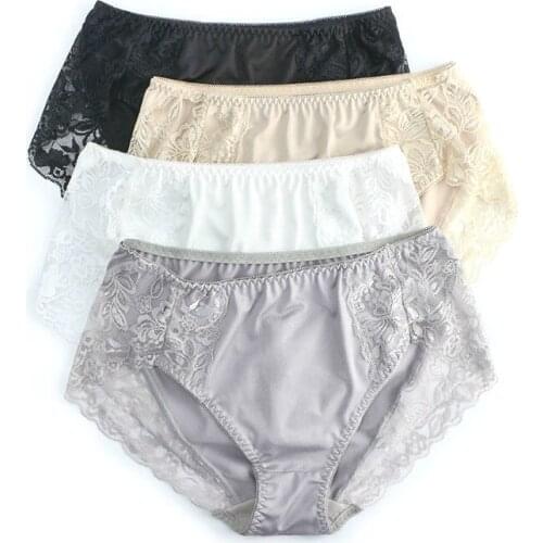 4pcs/Lot Panties For Women Sexy Lace Silk Panties Seamless Mid-Waist Cotton Bottom Briefs Ladies Satin Underwear Plus Size 3XL