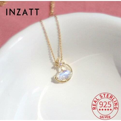 INZATT Real 925 Sterling Silver Zircon Star Moon Opal 14K Gold Pendant Choker Necklace For Women Cute Fine Jewelry Accessories