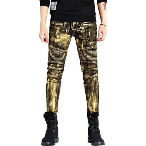 Designer Metal Printed Punk Style Jeans for Men Motorcycle Vintage Zipper Hip Hop Coated Pants 2018 New Streetwear Biker Pants