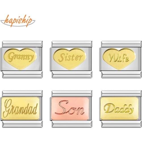 Hapiship Original Daisy Fashion Gold Rose Sister Daddy Wife Italian Charm Fit 9mm Bracelet Stainless Steel Jewelry Making DJ342