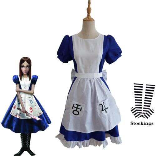 Game Alice Madness Returns Cosplay Costume Halloween Carnival Uniforms Blue Maid Dress With Stockings Restaurant Servant Outfit