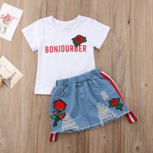 2Pcs Summer Baby Girls Floral Outfits Short Sleeve T-shirt+Rose Print Denim Dress Skirt Embroidery Suit Kids Clothes