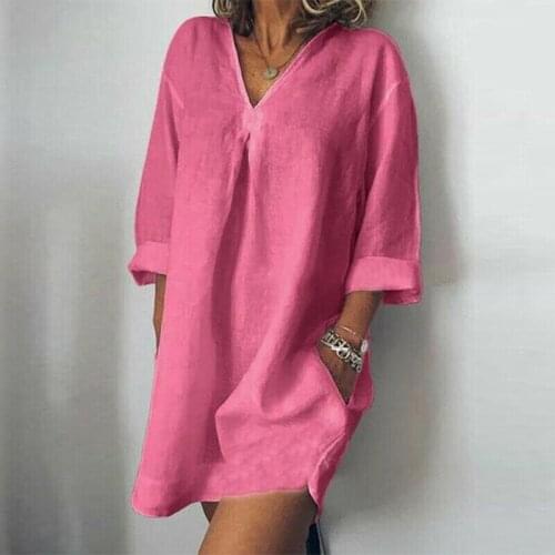 2021 Hot Women Long Sleeve V Neck Mini Dress Summer Long Shirt Dress Tops Blouse