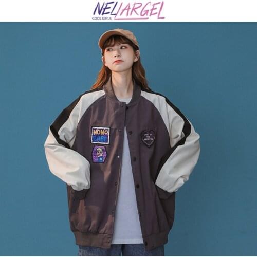 NELLARGEL Women Patchwork Harajuku Vintage Baseball Jacket 2021 Female Y2k Winter Button Up Jacket Girl Japanese Bomber Jackets
