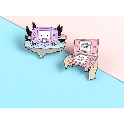 Cartoon Handheld Game Enamel Pins Game Over Brooches Shirt Backpack Pink Purple Gamepads Badge Funny Jewelry Gift for Friends