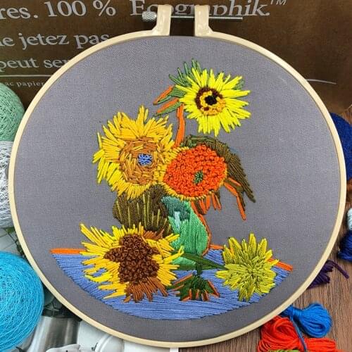 Oil Painting Style Sunflower Embroidery Kits Handcraft With Embroidery Hoop DIY Cross-stitch Needlework Craft Decor for Beginner