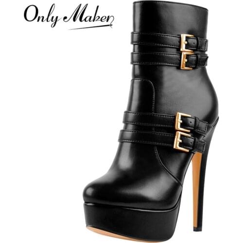Onlymaker Womens Platform Black Matte Ankle Booties Side Zip Metal Plates Buckle Big Size Stilettos Short Boots