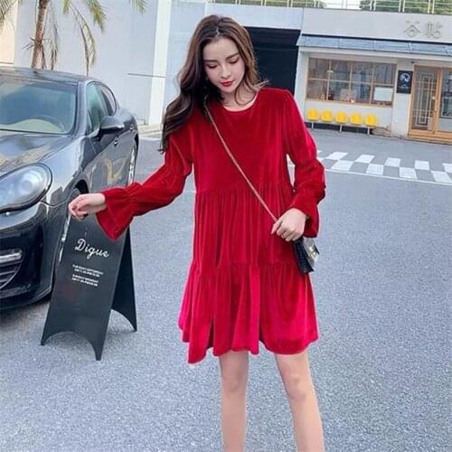 Autumn Women Long Sleeve Velvet Dress Winter Casual Loose Ruffles Vintage Dress Female Slim Mini Party Vestidos Plus Size M-6XL