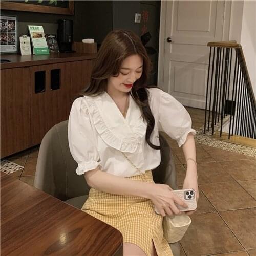 French Romantic Deep V-neck Ruffle Top Womens Shirt 2021 Elegant Office Womens White Loose Fitting Shirt Womens Shirt Top