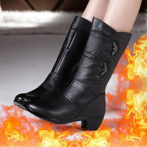 Womens Mother Female Ladies Leather Shoes Boots Botas Knee High Zipper Winter Warm Plush Mid Calf Plus Size Mid-calf Snow Boot
