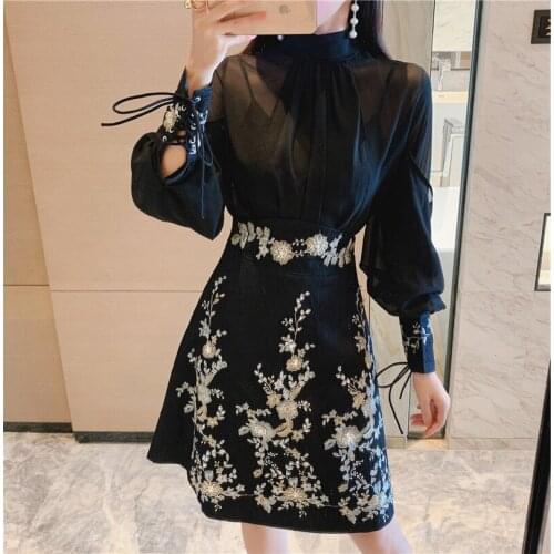2 Pieces Set Black Chiffon Top Women Shirt Lantern Sleeve Folds String+a Line Beading Embroidery Midi Skirt Autumn