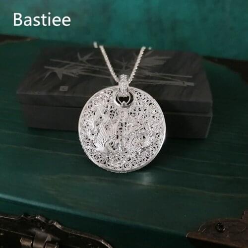 Bastiee 999 Sterling Silver Phoenix Pendant For Women Round Hollow Out Pendants Ethnic Vintage Hmong Handmade Luxury Jewelry