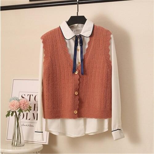 Korean Women Sweater Vest Single Breasted Short Lace Sweaters V-neck Sweet Girl Students Spring New Knitting Sleeveless Tops