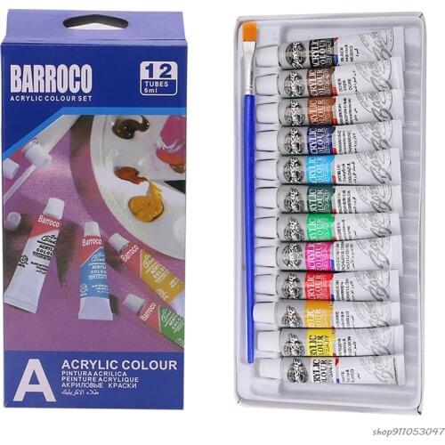 6ML 12Colors Professional Acrylic Paints Watercolor Set Hand Painted Wall Painting Textile Paint Multi-Color Art Supplies Brush