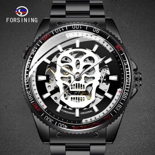 FORSINING Hollow Male Watch Automatic Clock Steel Belt Business Male Wristwatch Metal Punk Series