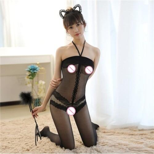 Black Open Crotch Sex Sleepwear Female Erotic Costumes Porn Women Sexy Lingerie Sheer Body Stocking Halter Dress