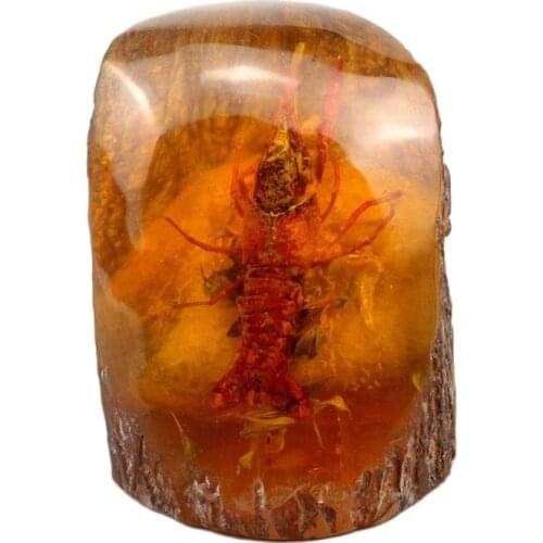 Chinese Collectible Rare Amber Inner Inlay Lobster True Insect Specimens Animal Statue Small Gift