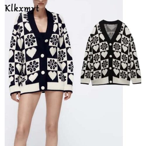 Klkxmyt Za Autumn Cardigans Sweaters Women Single Breasted Jacquard Knitted Cardigan Jacket Sweaters Woman Tops Vintage Coat