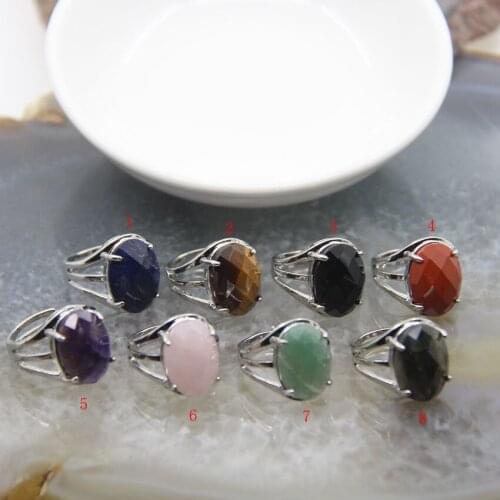 Oval Natural Stone Adjustable Opening Ring,Cut Faceted Egg Shape Reiki Quartz Healing Crystal Finger Ring Jewelry Gift For Women