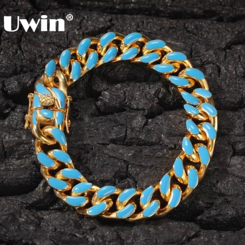 UWIN 11mm Stainless Steel Women Men 316L Colorful Bracelet Heavy Miami Hiphop Cuban Link Bracelets Fashion Jewelry