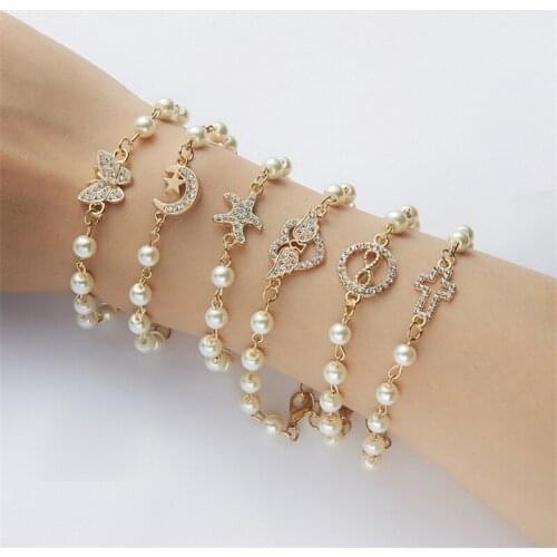 Fashion Jewelry Number 8 Cross Dolphin Owl Starfish Wing Heart Butterfly Moon Star Pearl Charm Chain Bracelet For Woman Gift