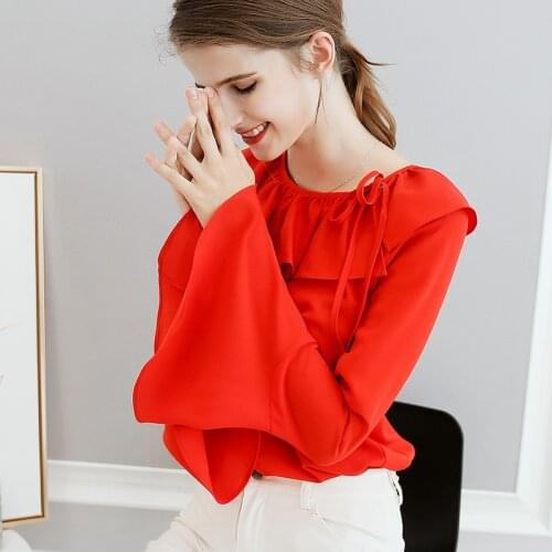 New Korean Chiffon Shirt Female Fashion Slender Long Sleeve Casual Blouses Women Spring Summer Pure Color Bowknot Work Top H9118