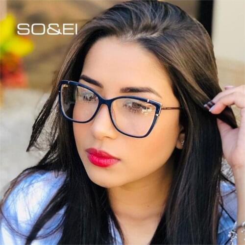 SO&EI Vintage Cat Eye Women Glasses Frame Fashion Men TR90 Spring Hinge Clear Anti-Blu-Ray Lens Optical Frame Computer Goggles