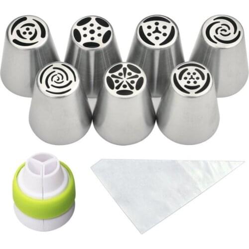 9PCS Russian Piping Tips 7 Russian Tips +1 Disposable Pastry Bags+1 Tri-color Coupler Nozzle Baking Pastry Tools